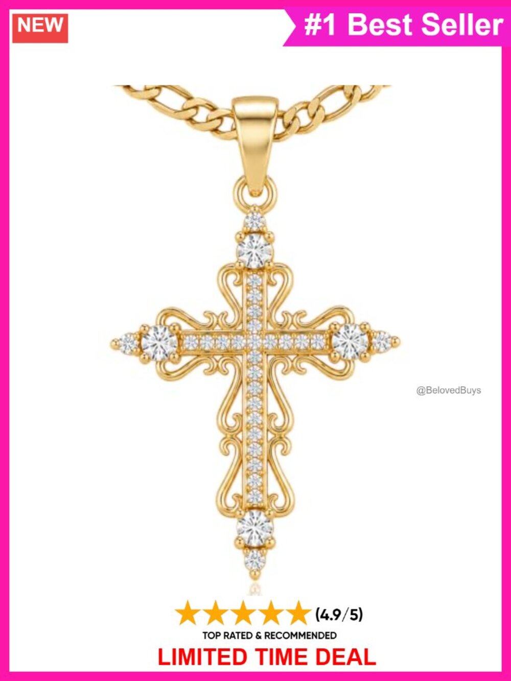 14K Gold Plated Filigree Cross Necklace with Cubic Zirconia